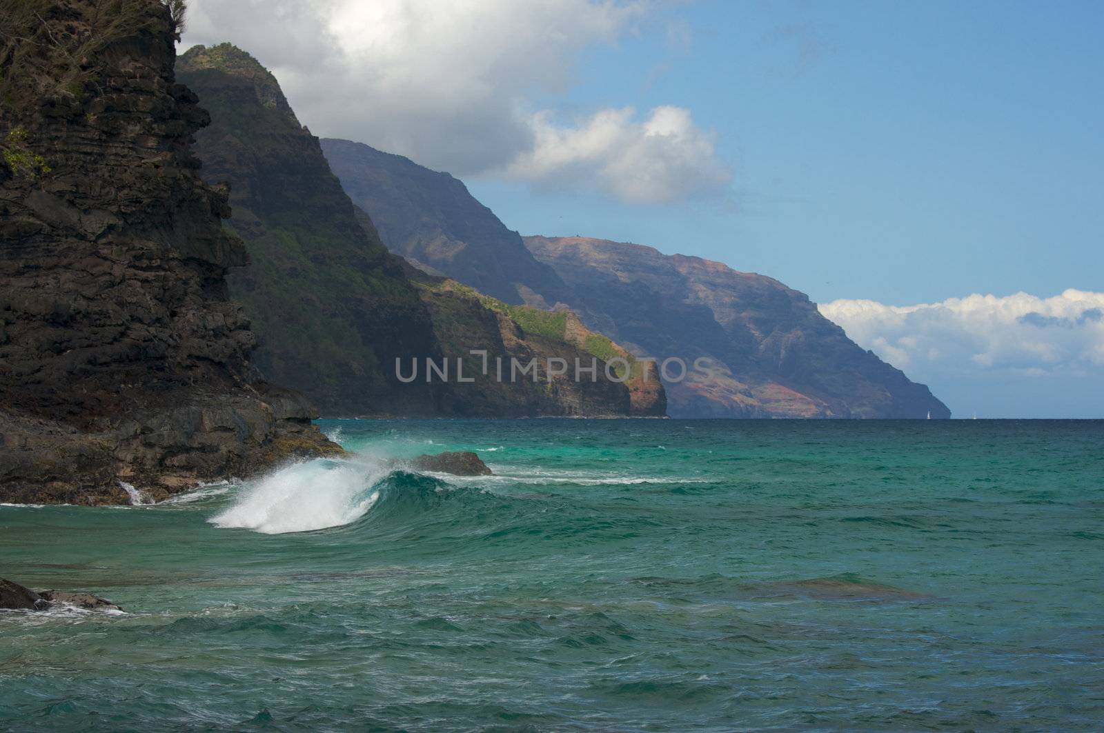 Kauai's Breathtaking Na Pali Coastline with crashing waves.