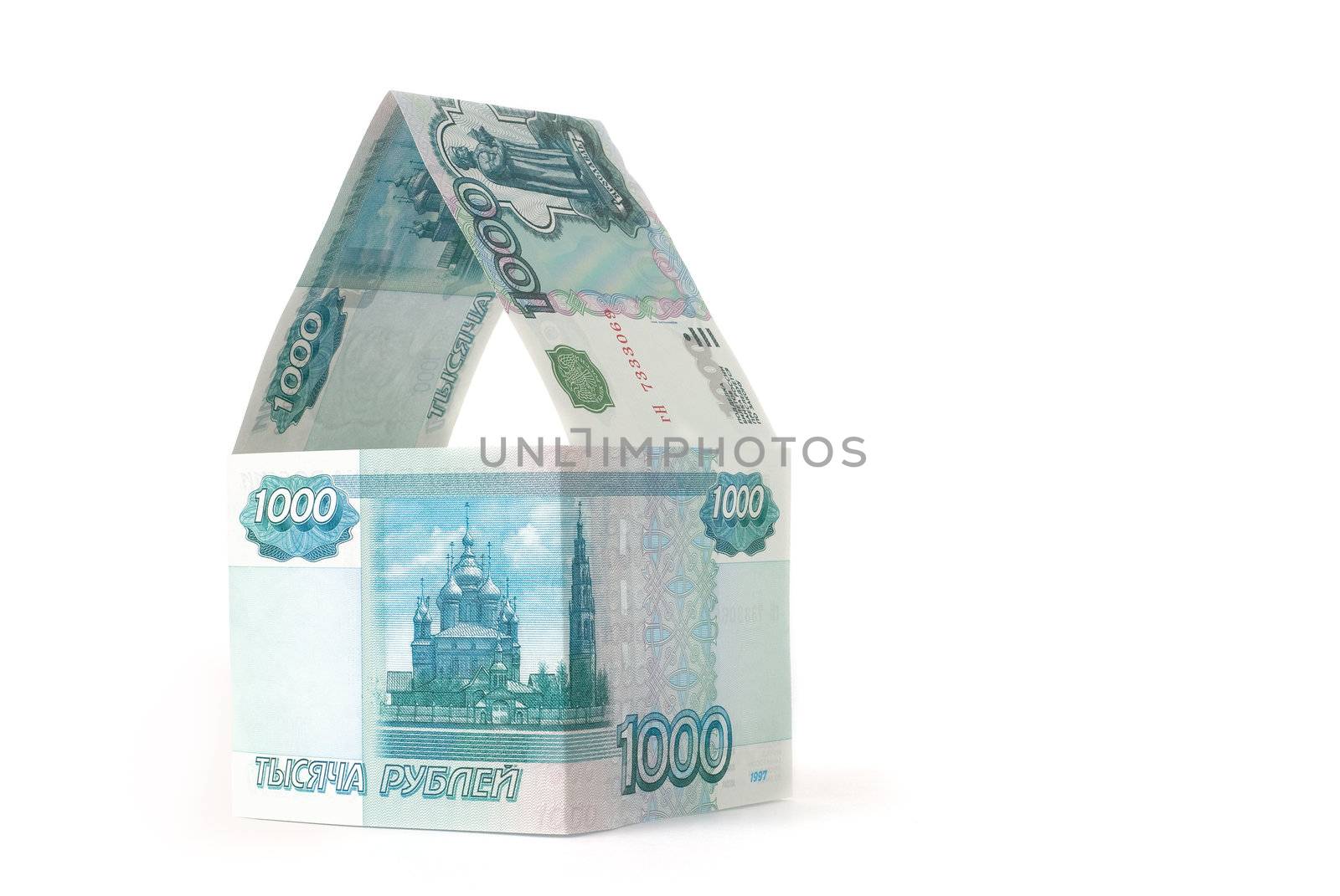 House built of several one thousand rubles bills. Isolated on white background.