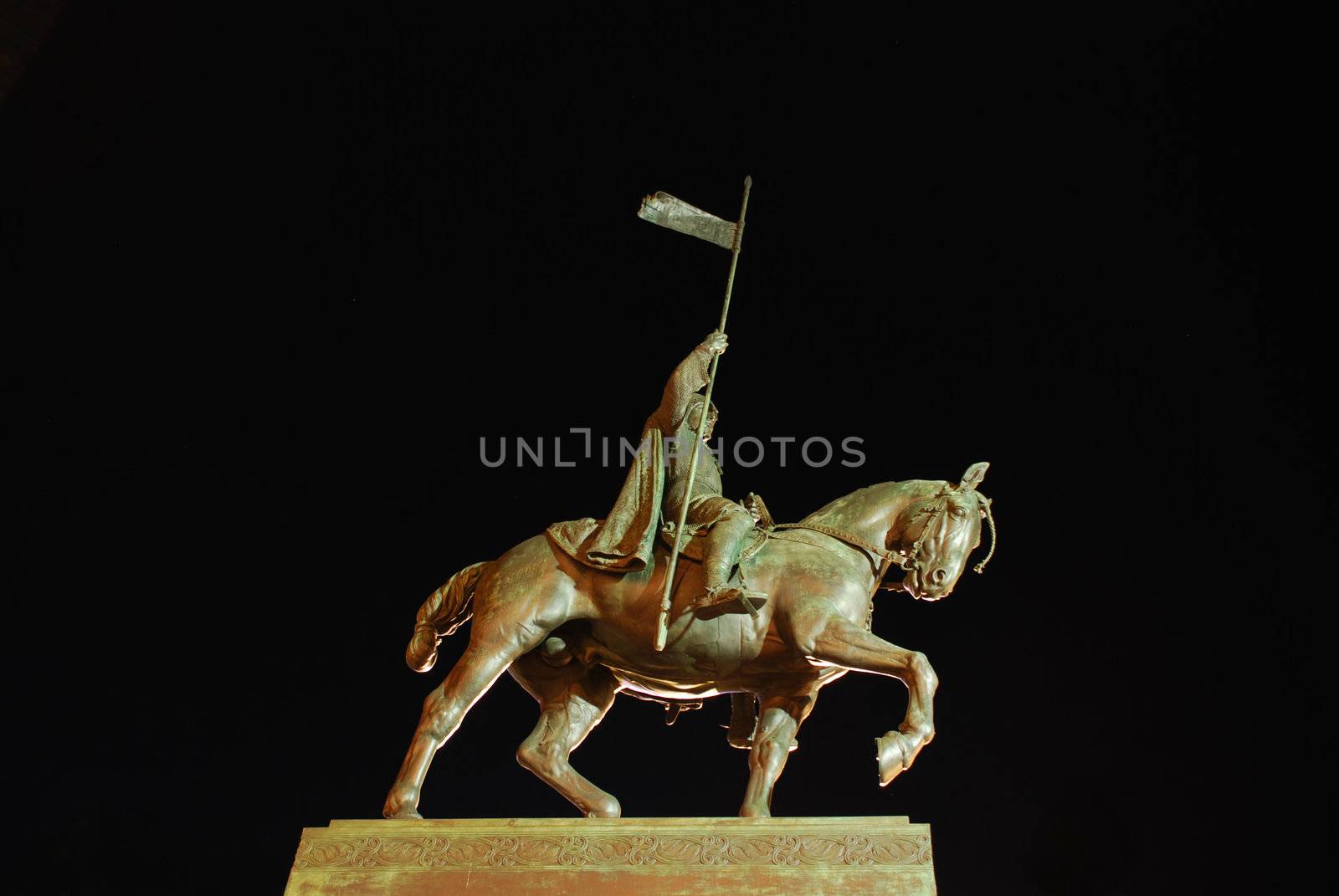 Statue of czech hero knight saint Wencesals in the middle of the Prague in the night