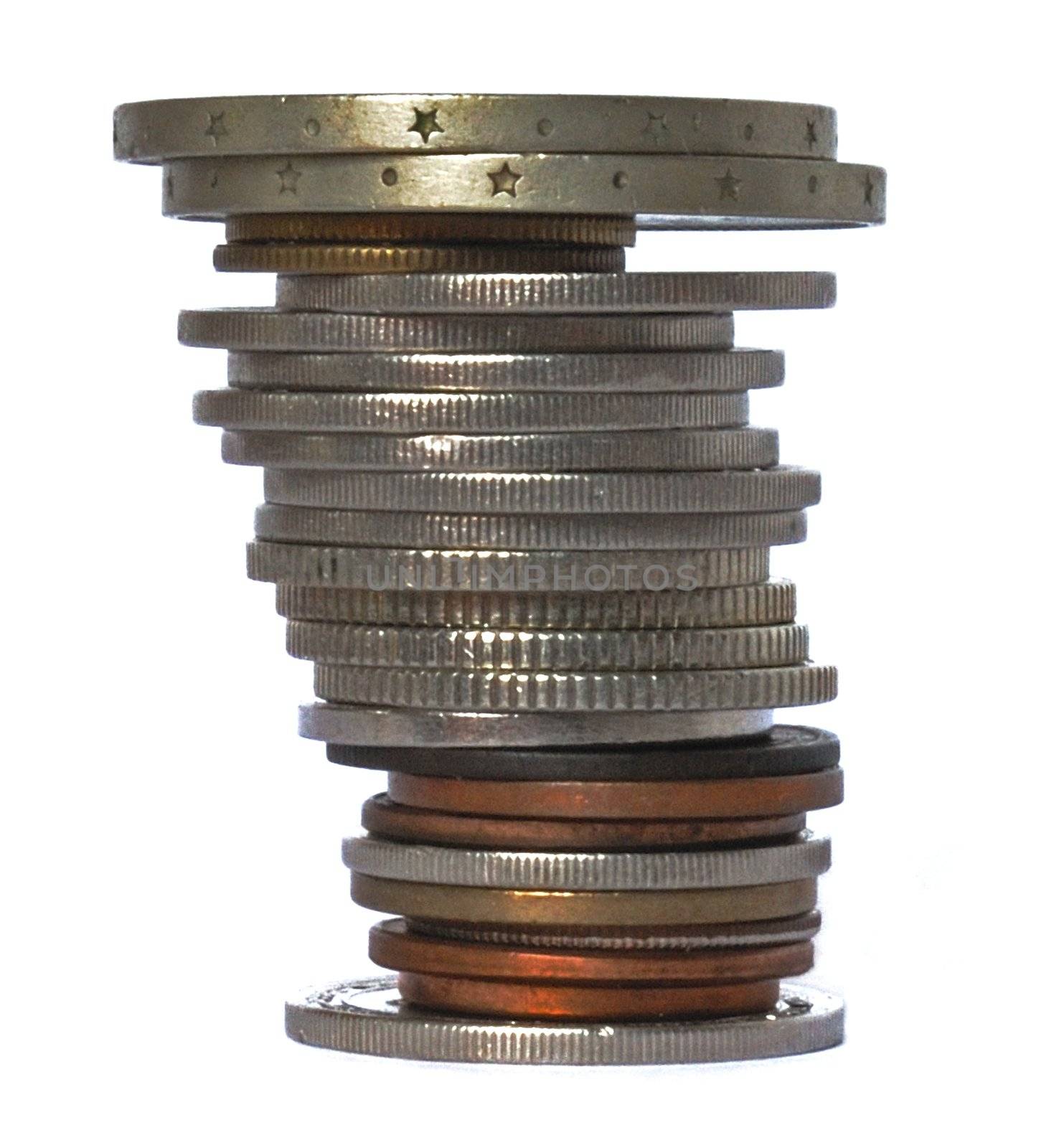 Coins tower on white background