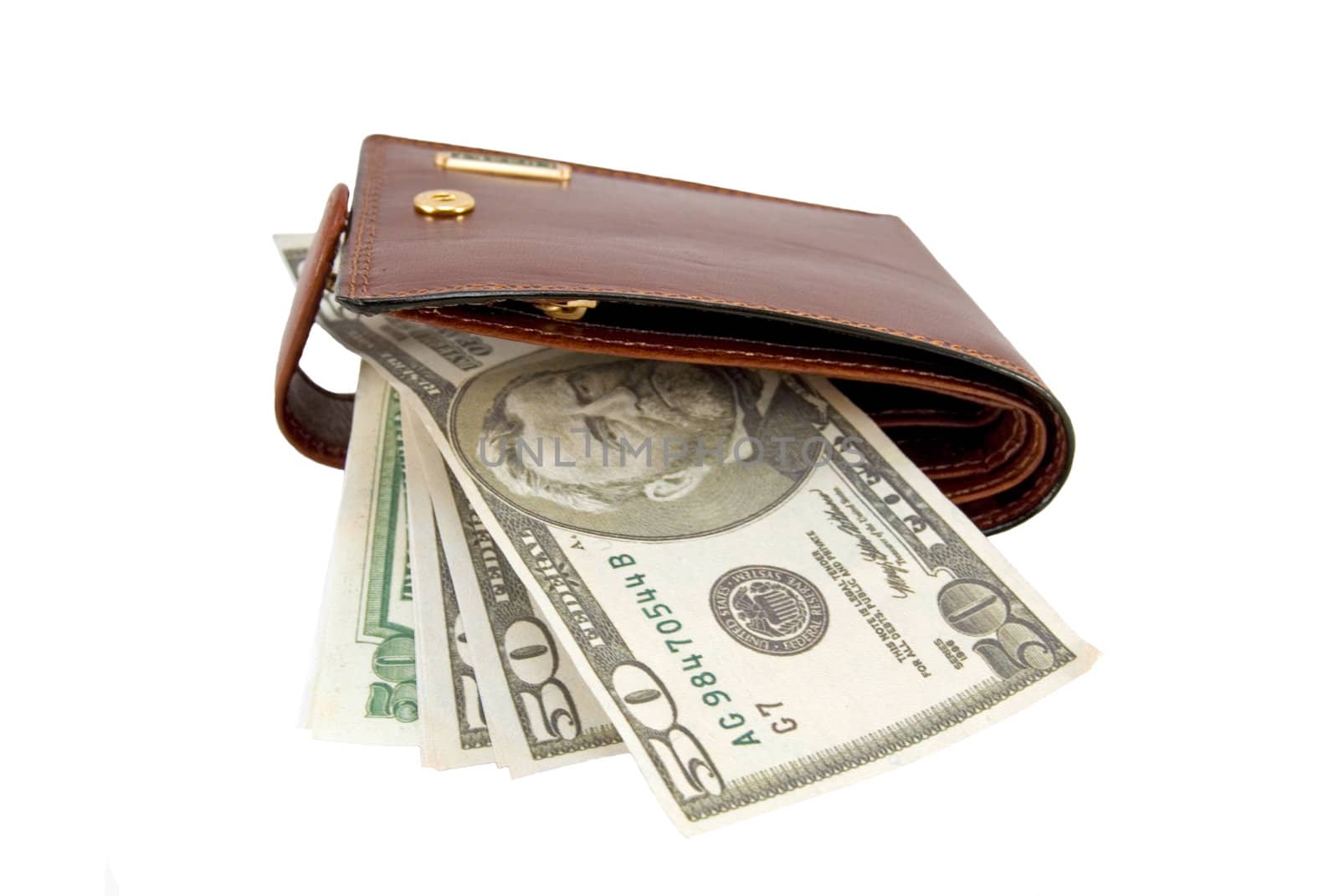 Brown leather wallet and fifty dollars denominations