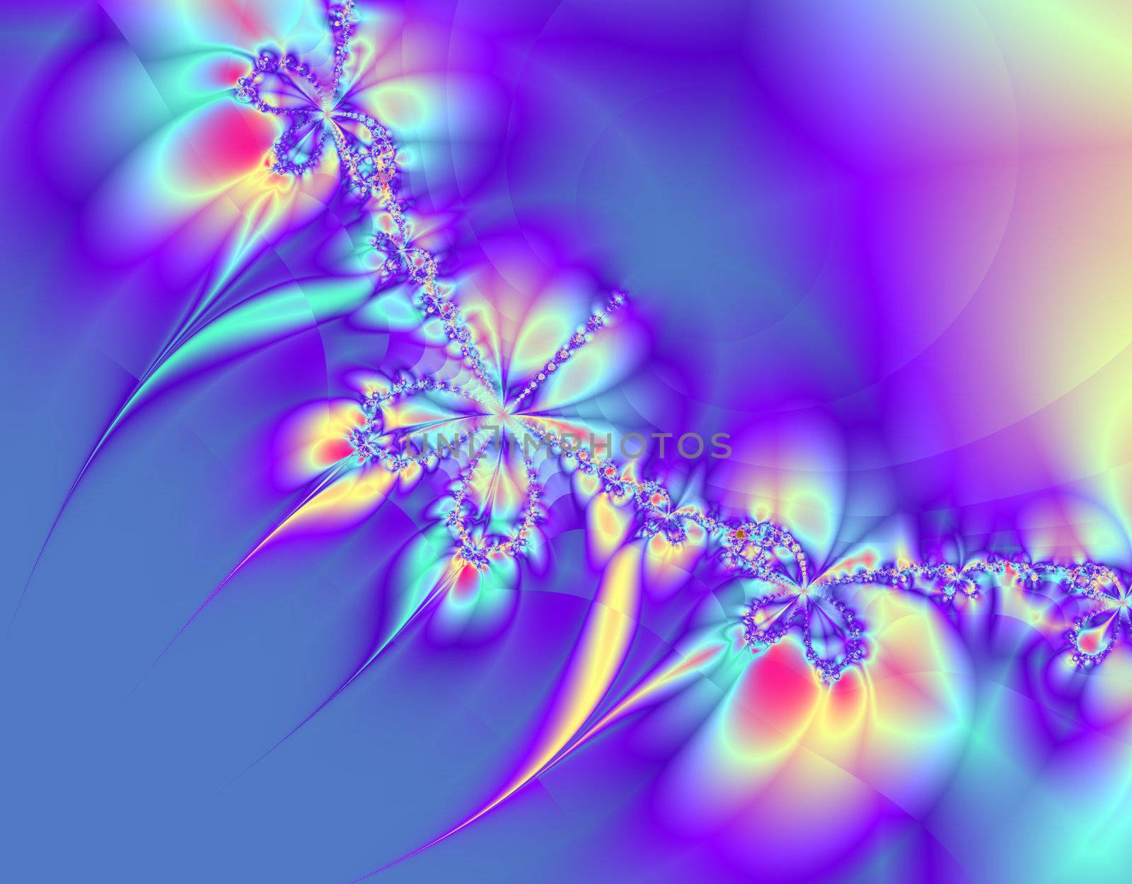 Abstract fractal image in colorful blues and purples, in a chain or string.