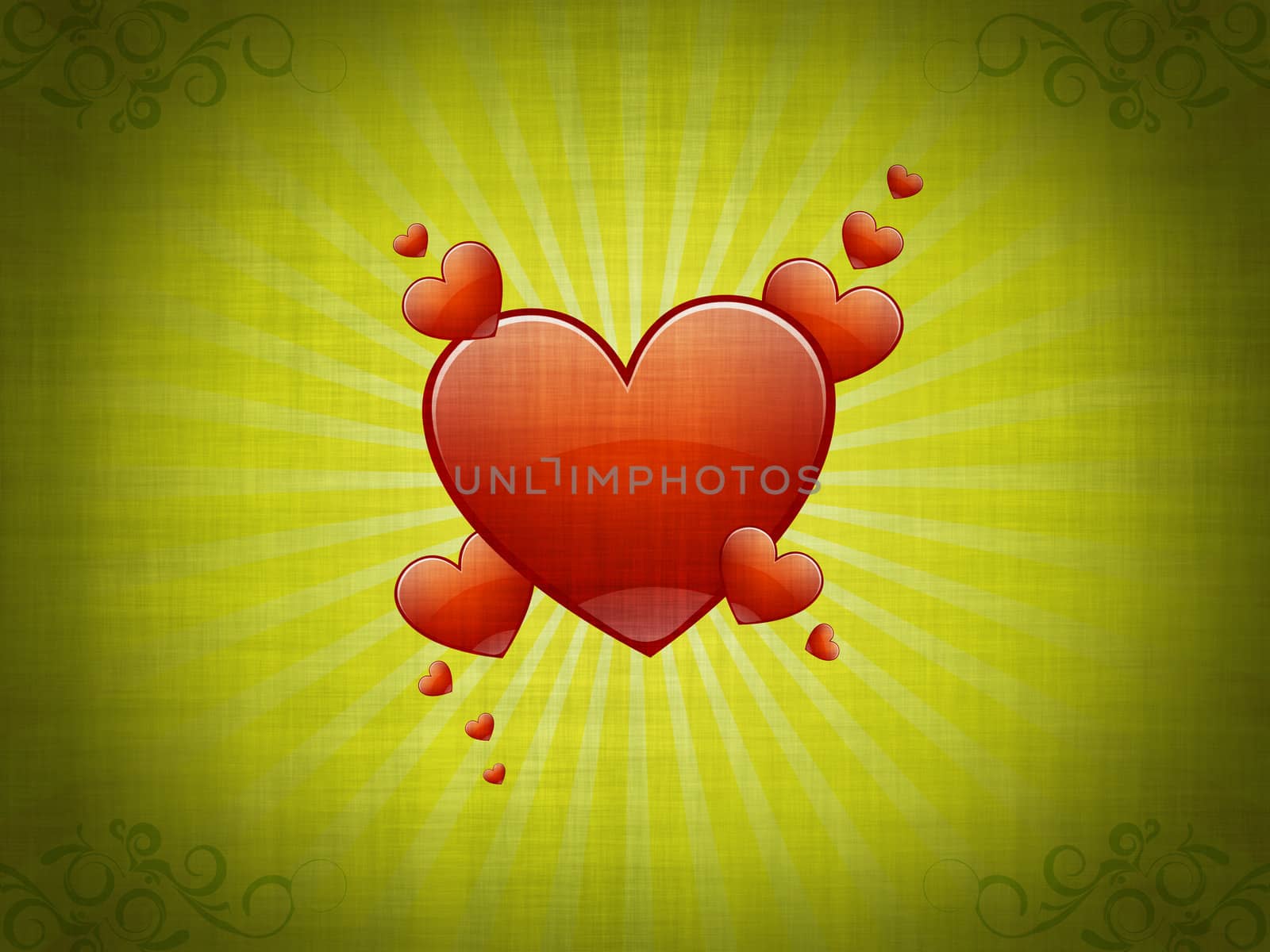 Grungy background with floral elements and red hearts