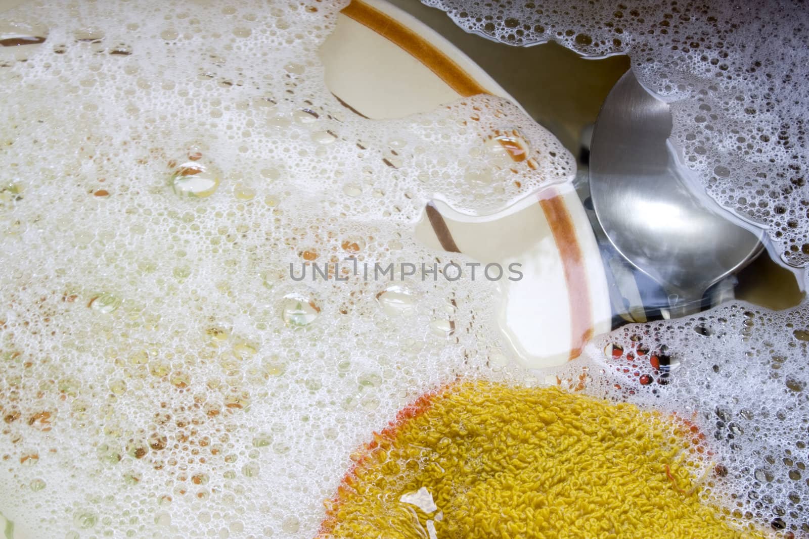 Dishes with dishrag and soapy water in sink
