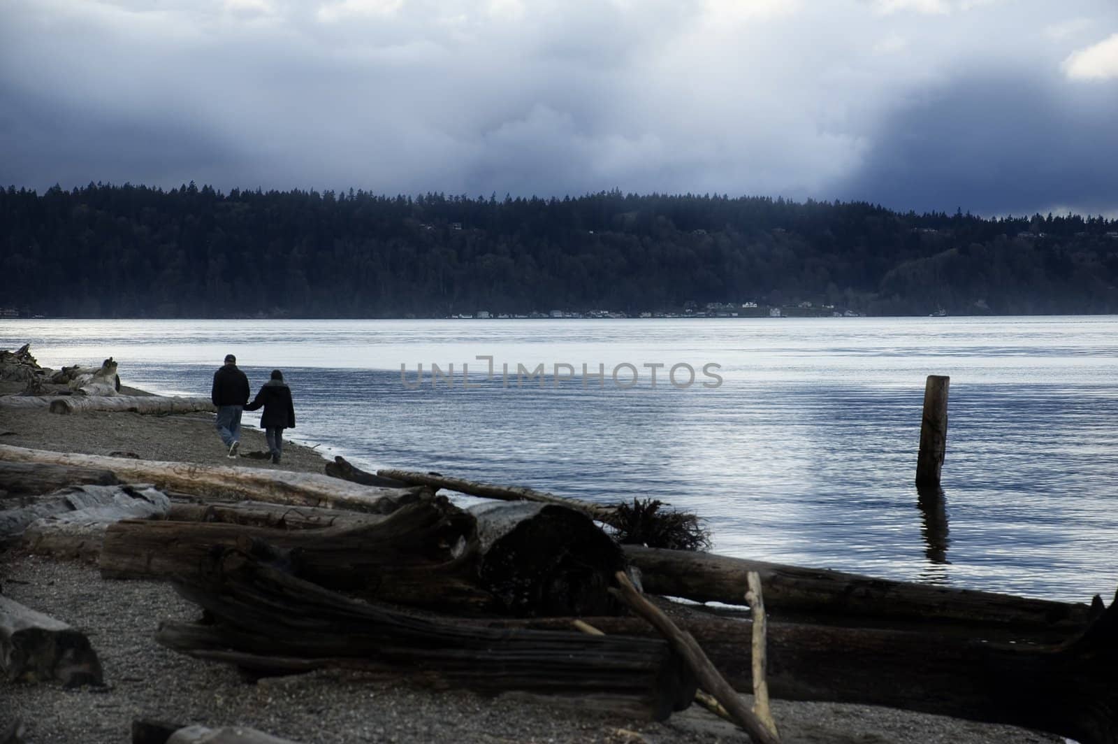 A couple in silhouette walks along a driftwood-covered beach at Point Defiance, Tacoma, Washington in springtime.