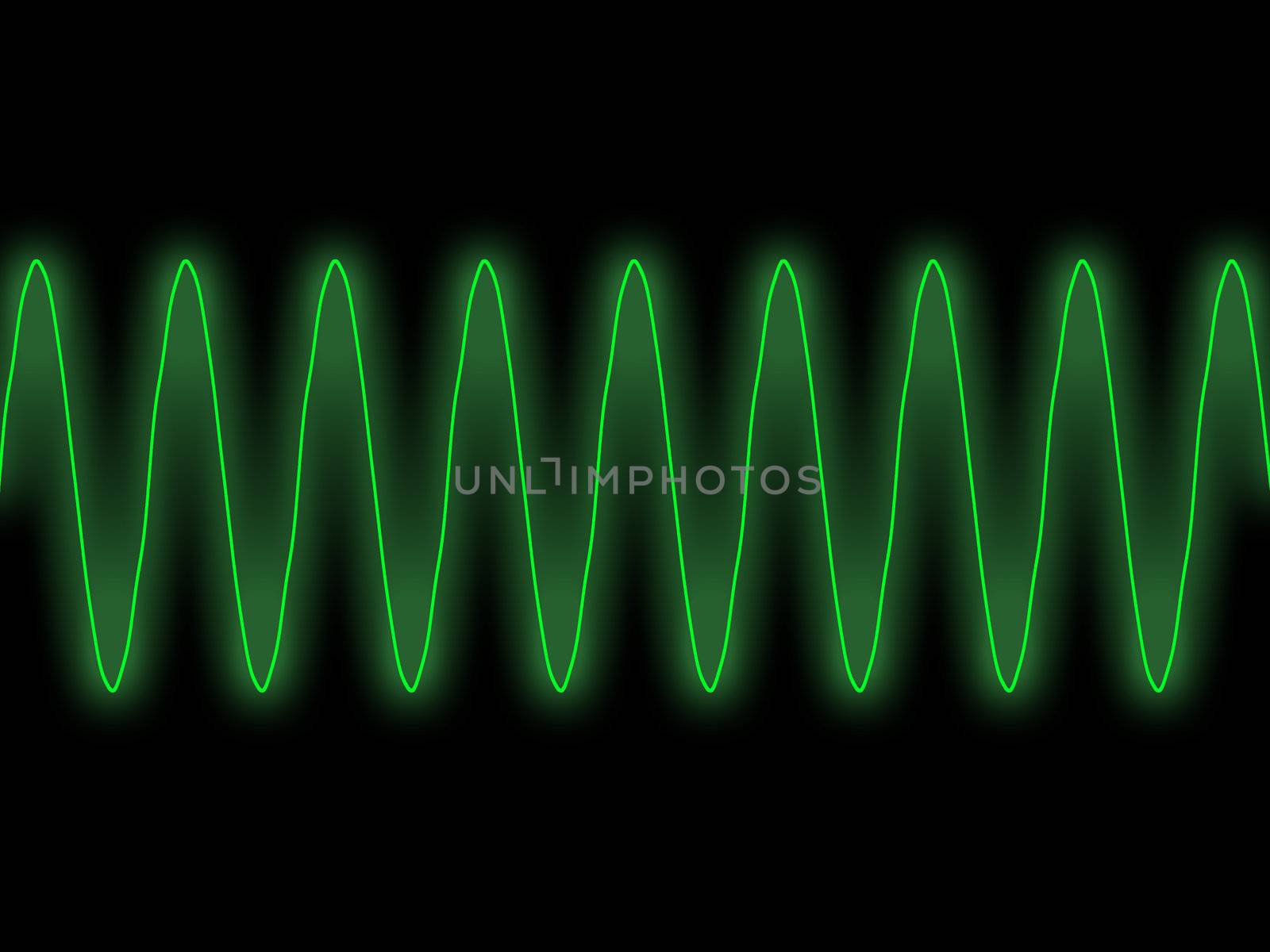 Straightforward illustration of green sine wave with glow effect against darl background copyspace