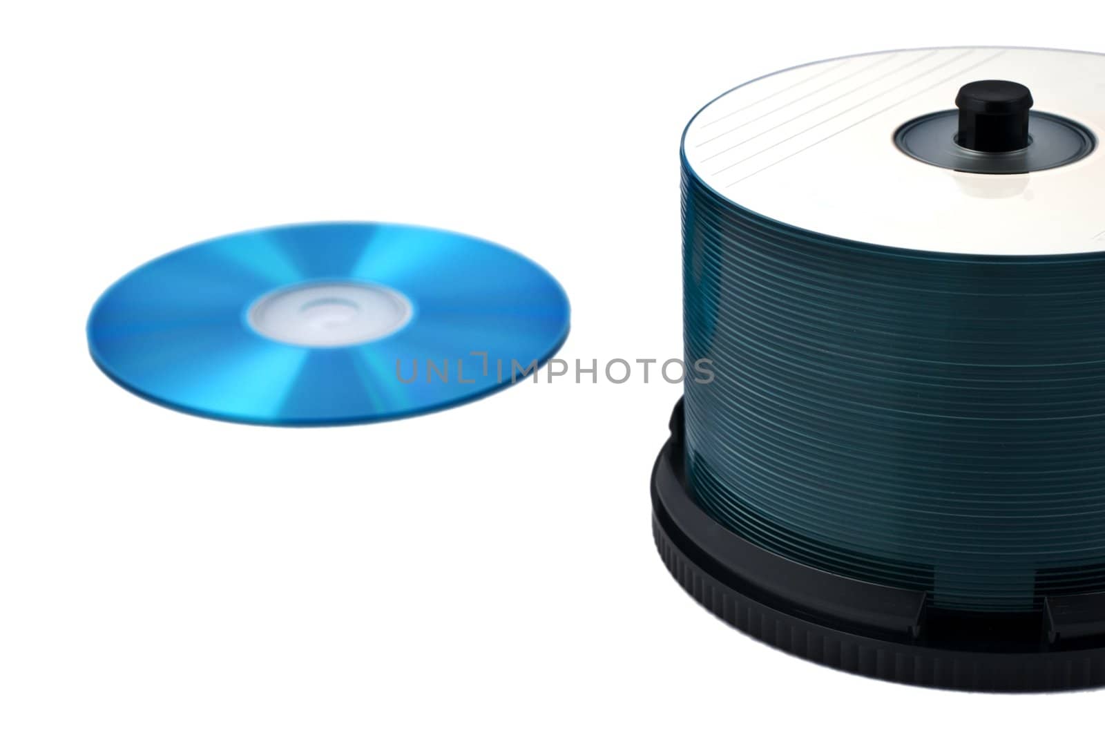 A cd rack with blue cd in the background isolated on white with copy space