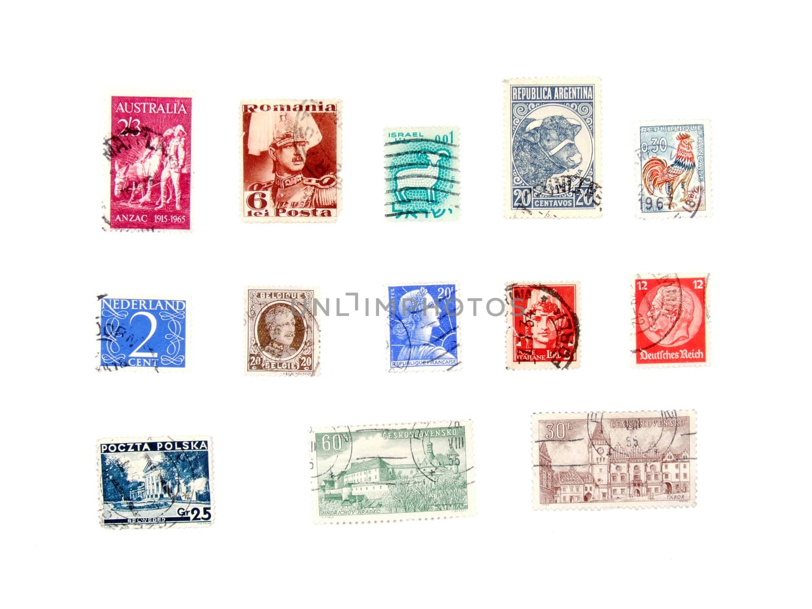 Postage stamps from various continents and countries: Netherlands, Belgium, Italy, Romania, Australia, Israel, Argentina, France, Czechoslovakia, Poland.