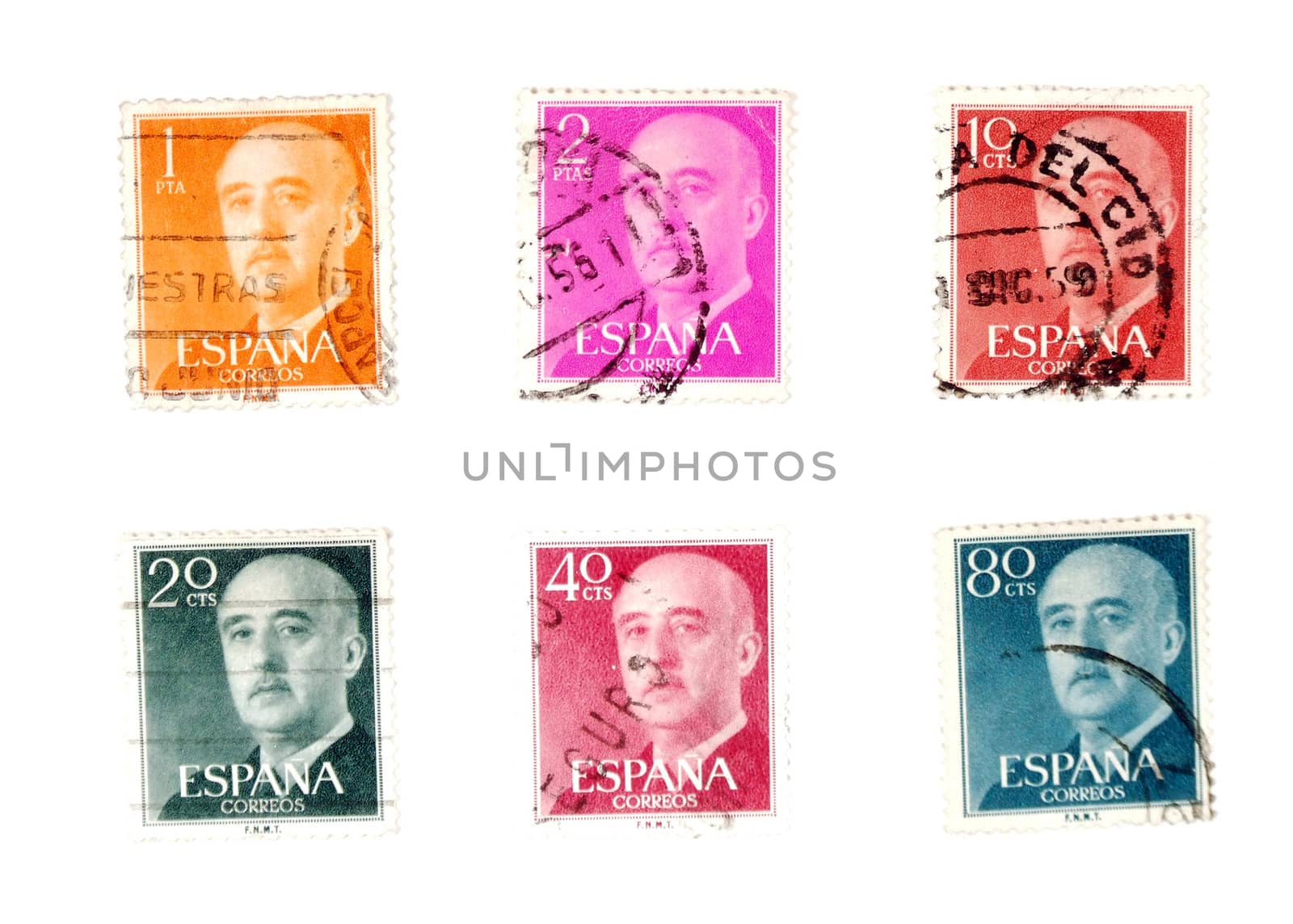Vintage postage stamps collection. Spanish mail. Post stamps with portraits.
