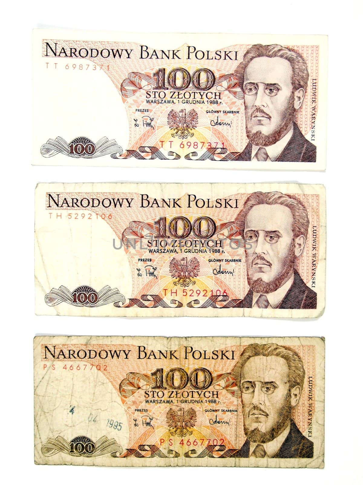 Subsequent phases of banknotes wearing. New and old banknotes from Poland. Obsolete banknotes.