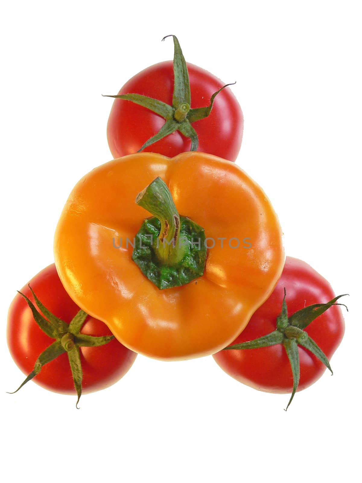 isolated yellow pepper and red tomatoes