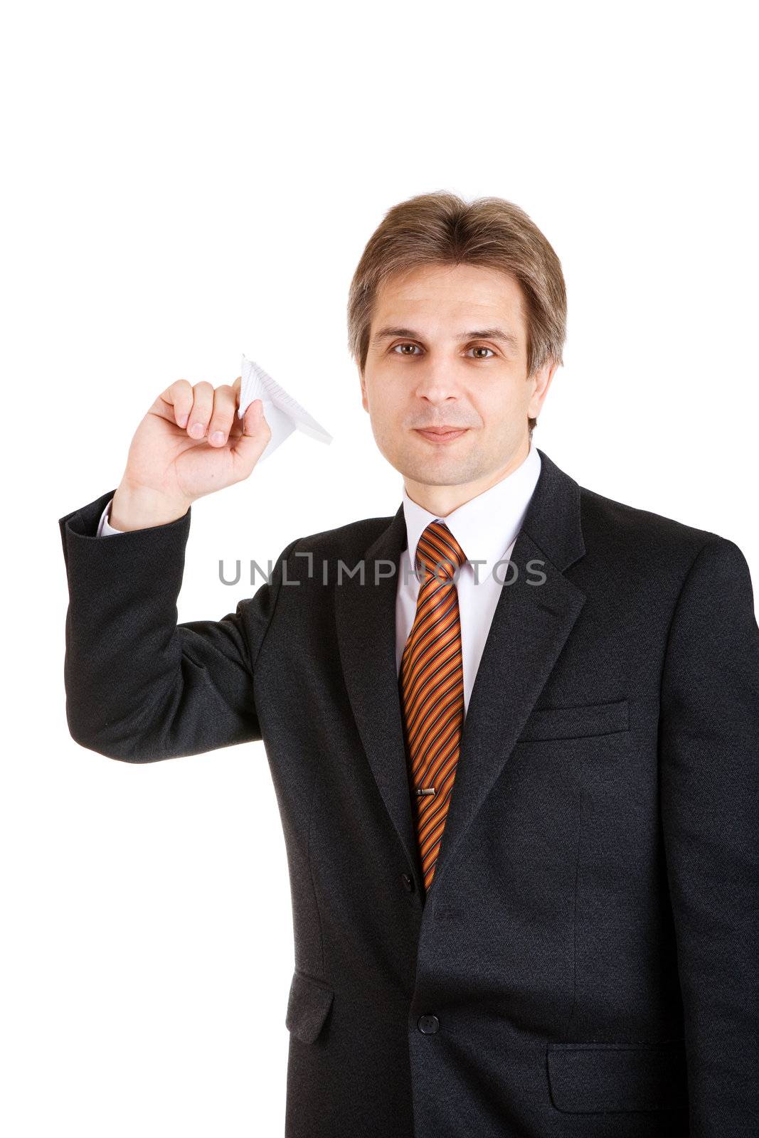 businessman with toy airplane in hand