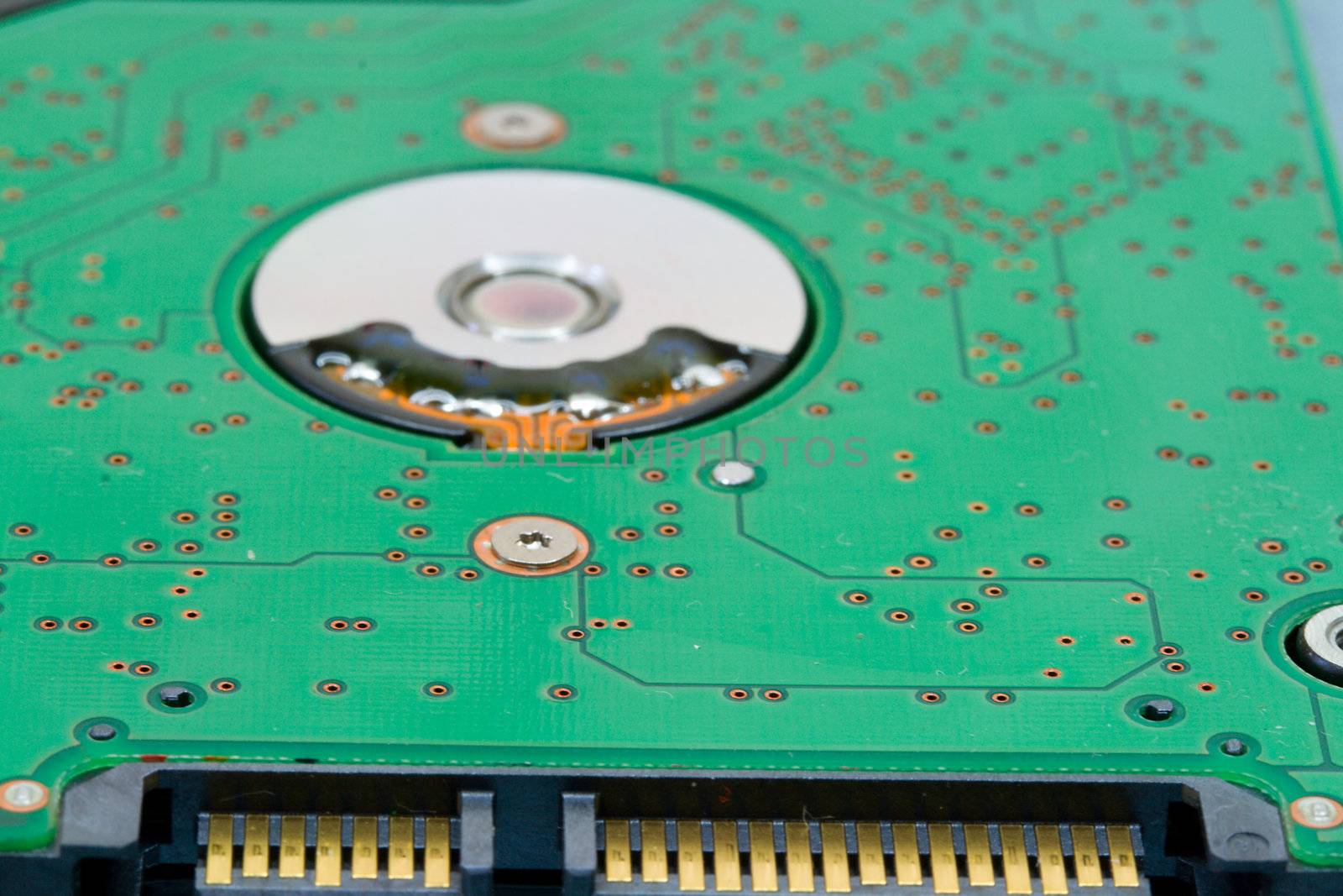 close-up modern sata hard drive circuit board