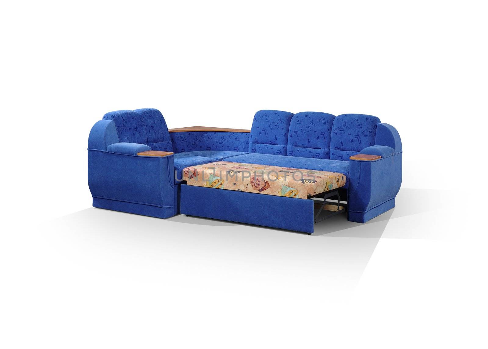 angular sofa of dark blue color, decomposed in a bed