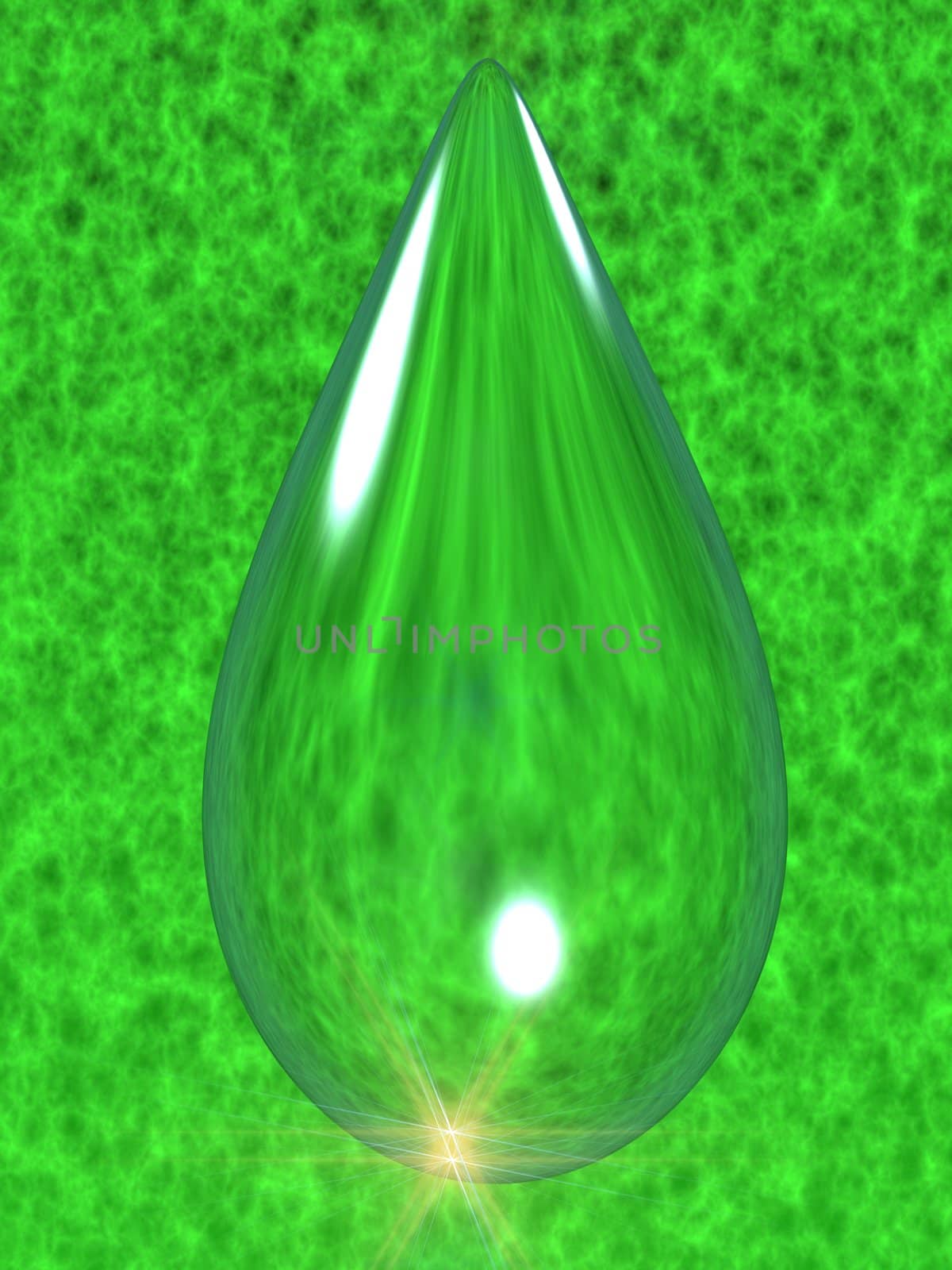 Greater, falling rain drop, on a green background of a grass