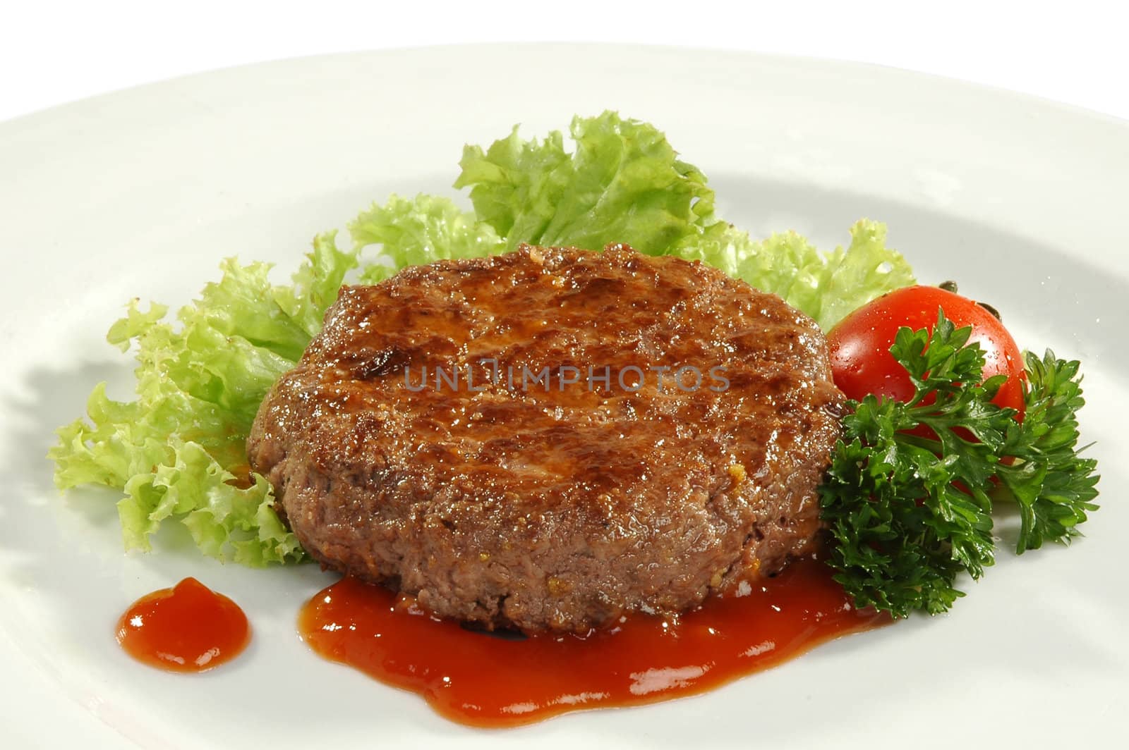 beefsteak under sauce on white plate