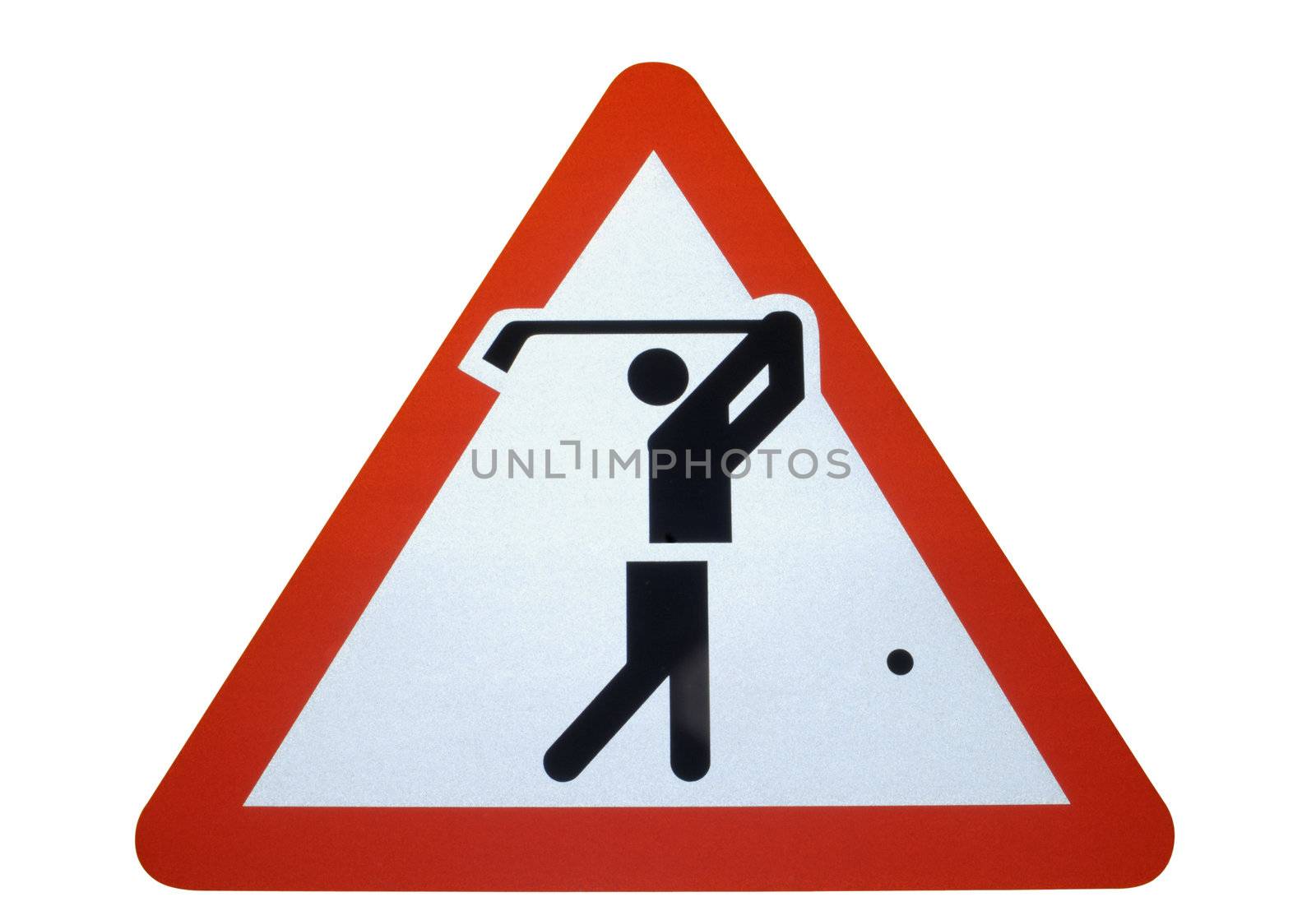 A warning sign showing golfers (or a golf course) ahead. Isolated on white, and a clipping path included.