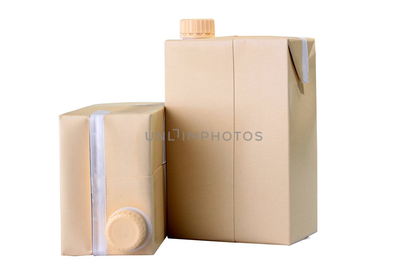 Two cardboard containers for juice or milk with plastic covers.
