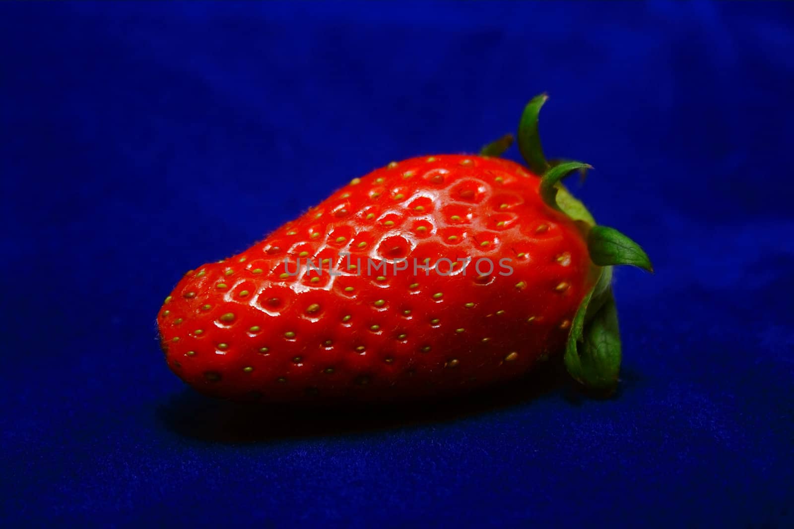Brightly red strawberry on blue background.