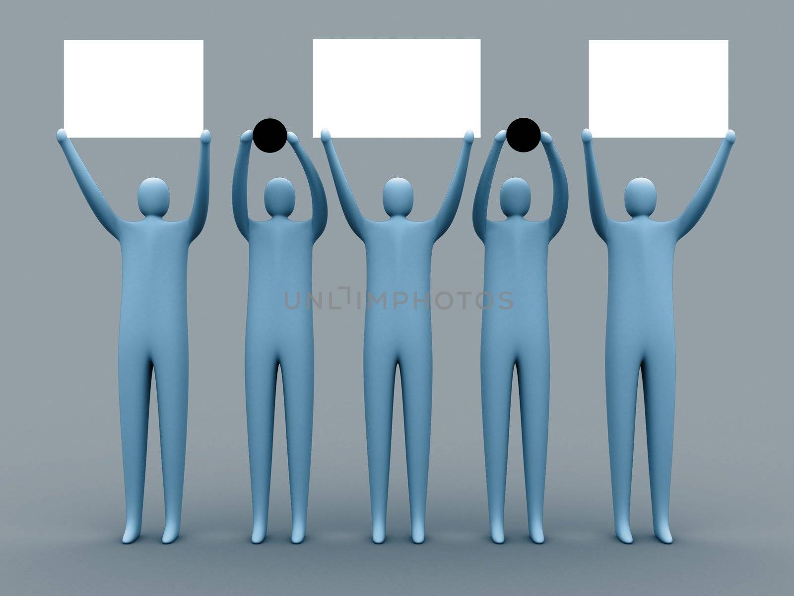3d people holding empty signs forming a web address.