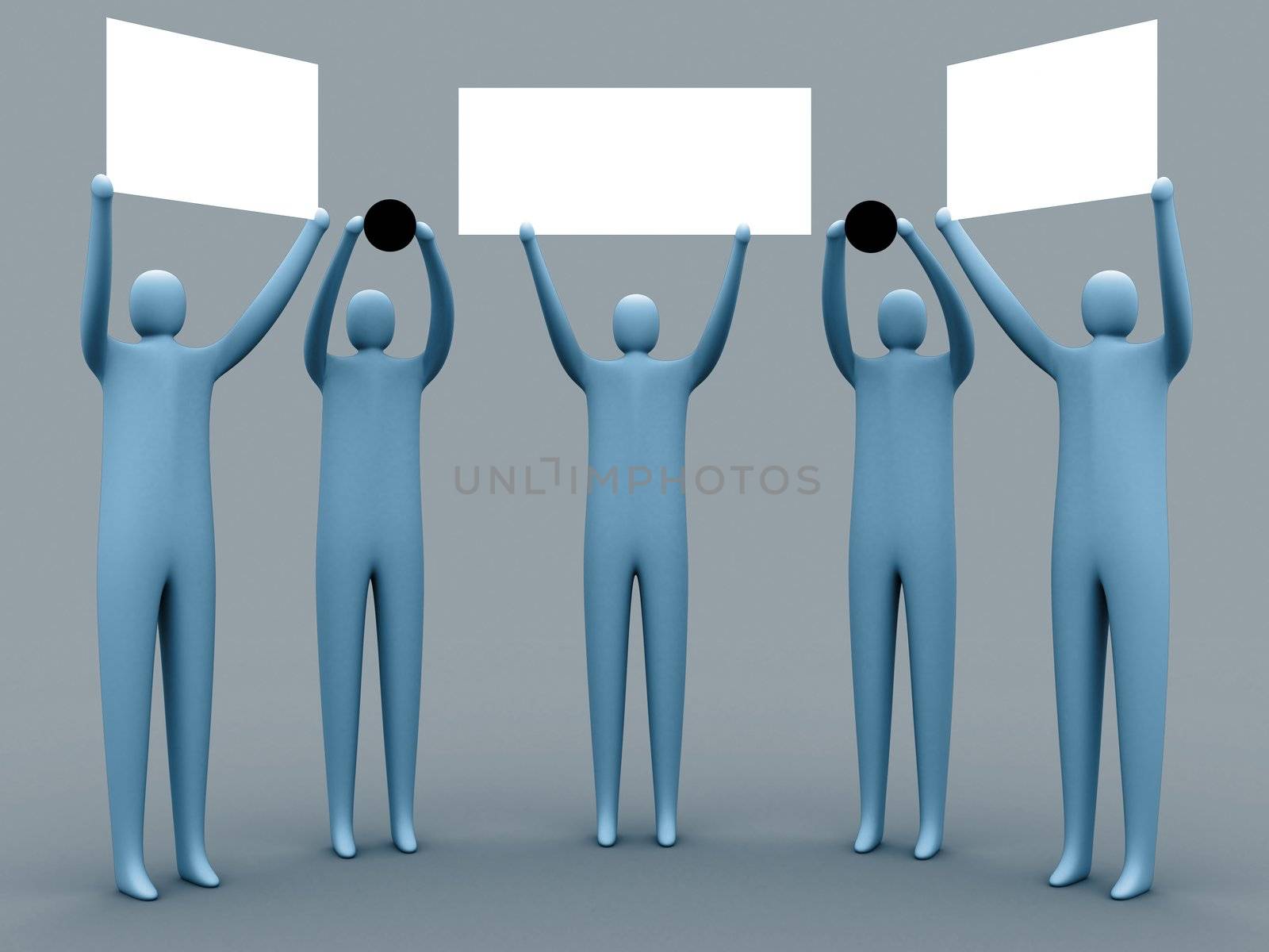 3d people holding empty signs forming a web address.