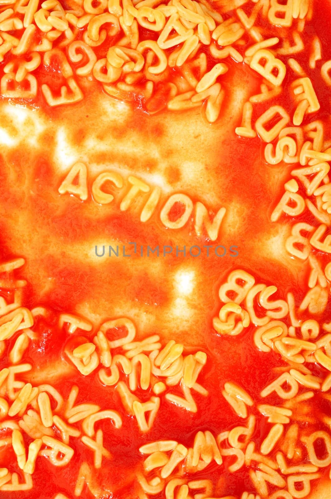 action concept with pasta alphabet in red