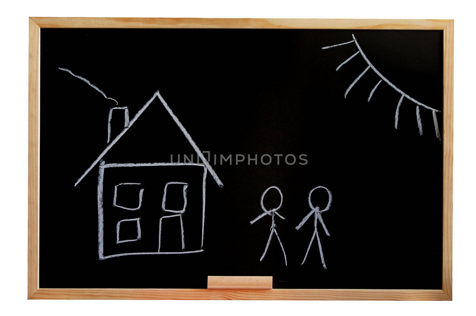 blackboard with a drowing of a house and a familie