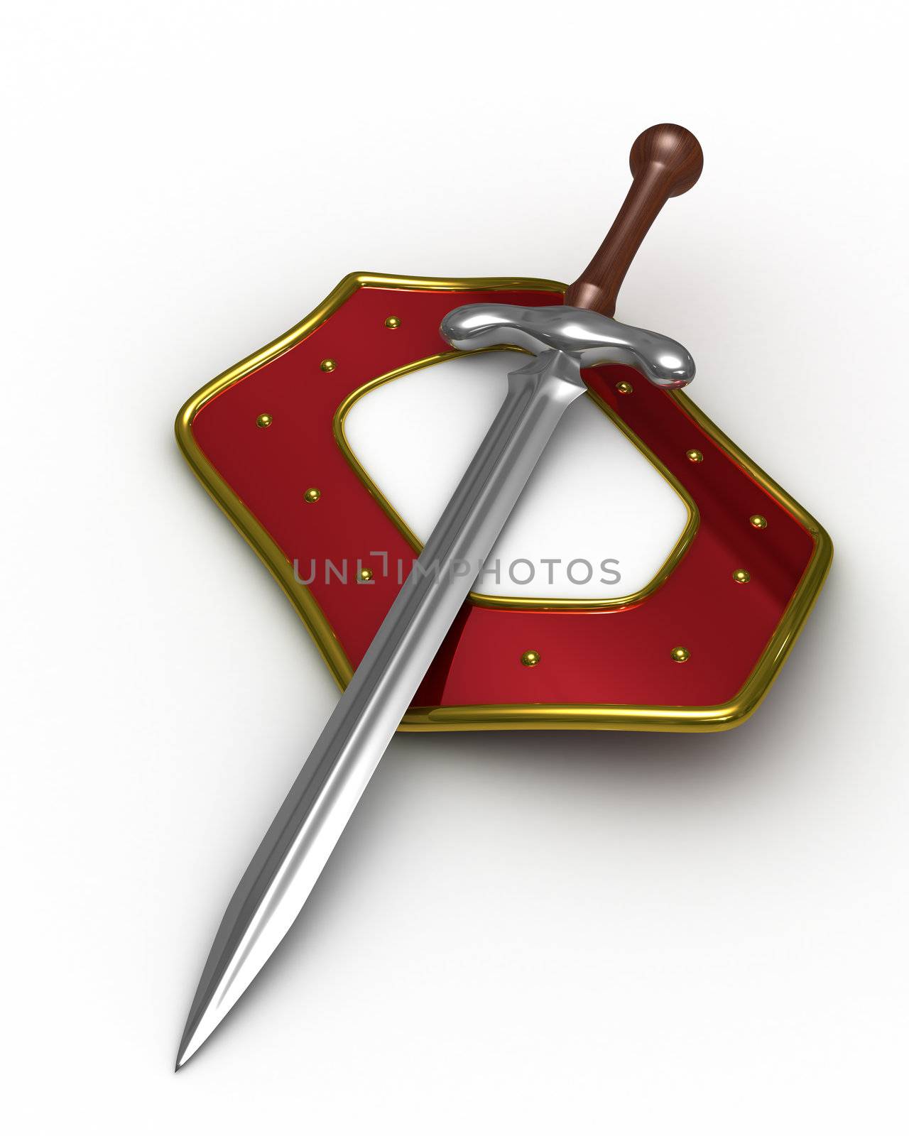 sword and shield on white background. Isolated 3D image