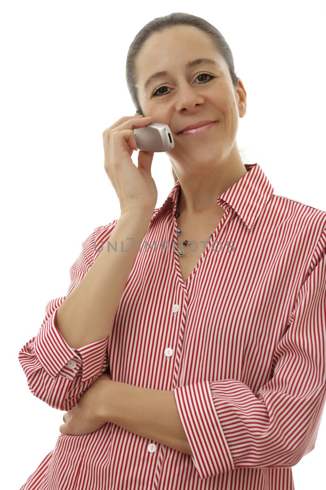 Single attractive businesswoman with mobile phone and smiling on a white background