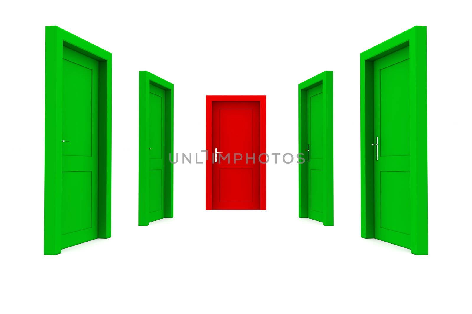 abstract hallway with four green doors - one red door at the end of the corridor