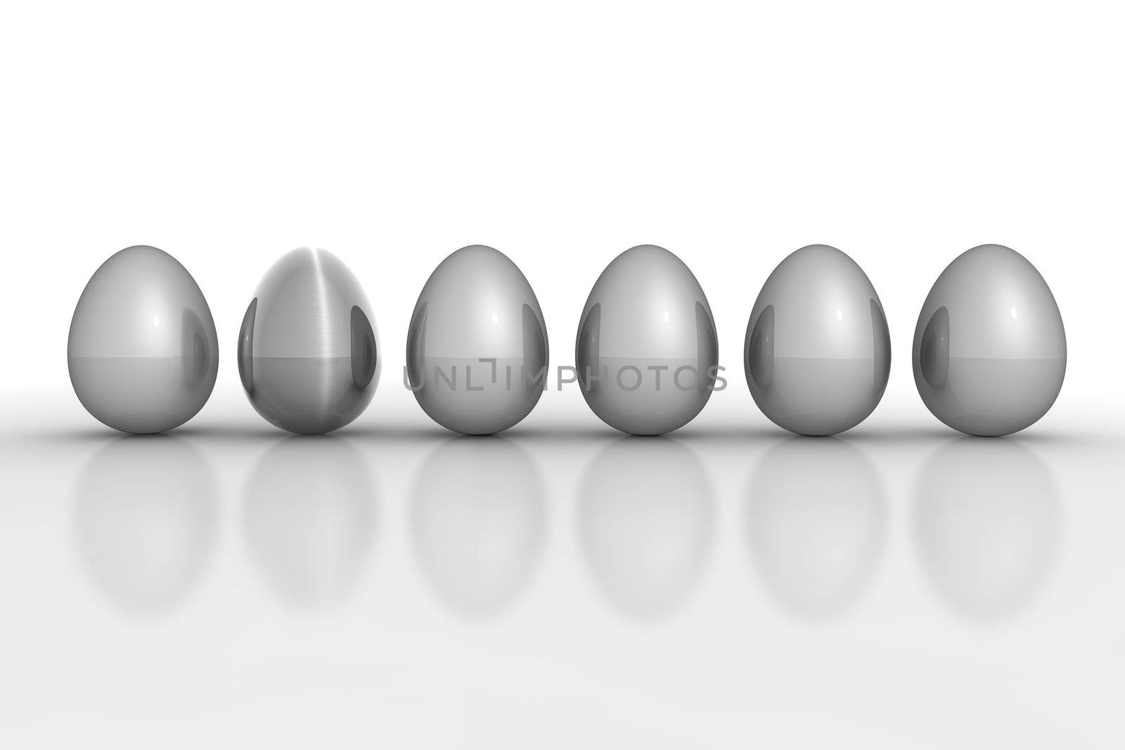 Six Metallic Eggs in a Line - Brushed Metal and Blue by PixBox