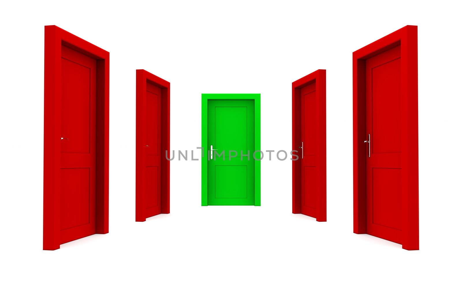 abstract hallway with four red doors - one green door at the end of the corridor