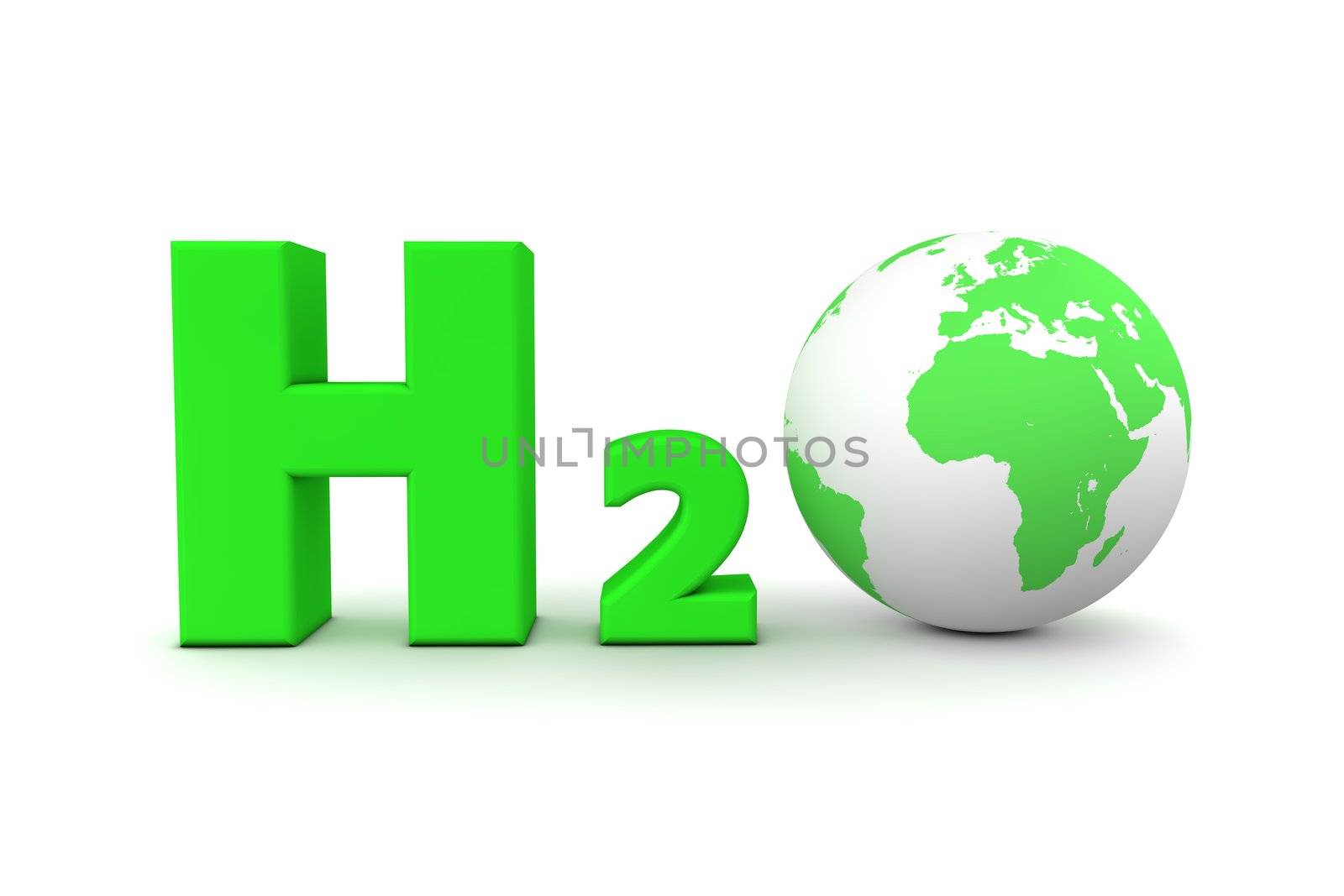 chemical symbol H2O for hydrogen oxide in green - a globe is replacing the letter o