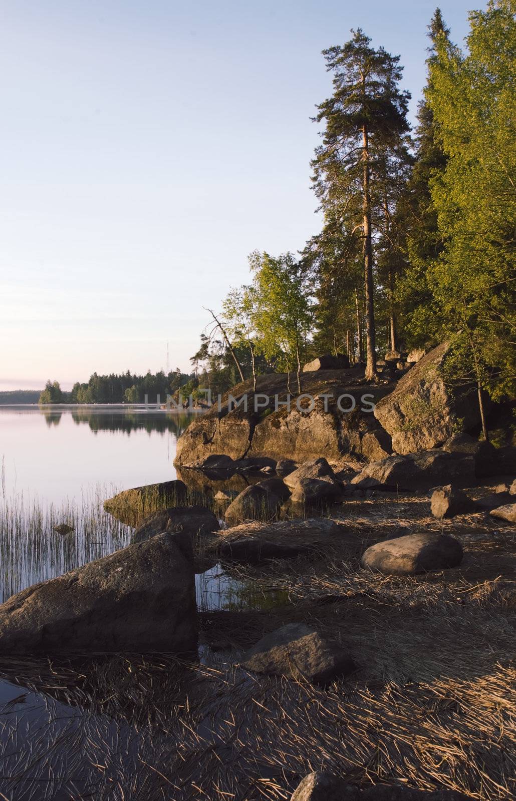 Russia, Vyborg, the Vyborg gulf. A landscape with a water table early in the morning