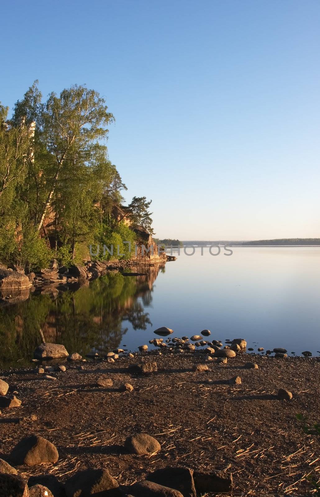 Russia, Vyborg, the Vyborg gulf. A landscape with a water table early in the morning