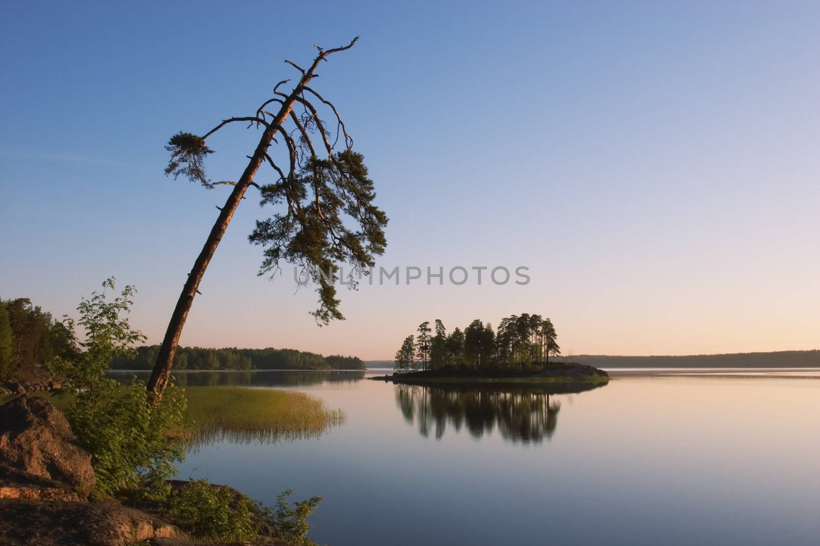 Russia, Vyborg, the Vyborg gulf. A landscape with a water table early in the morning