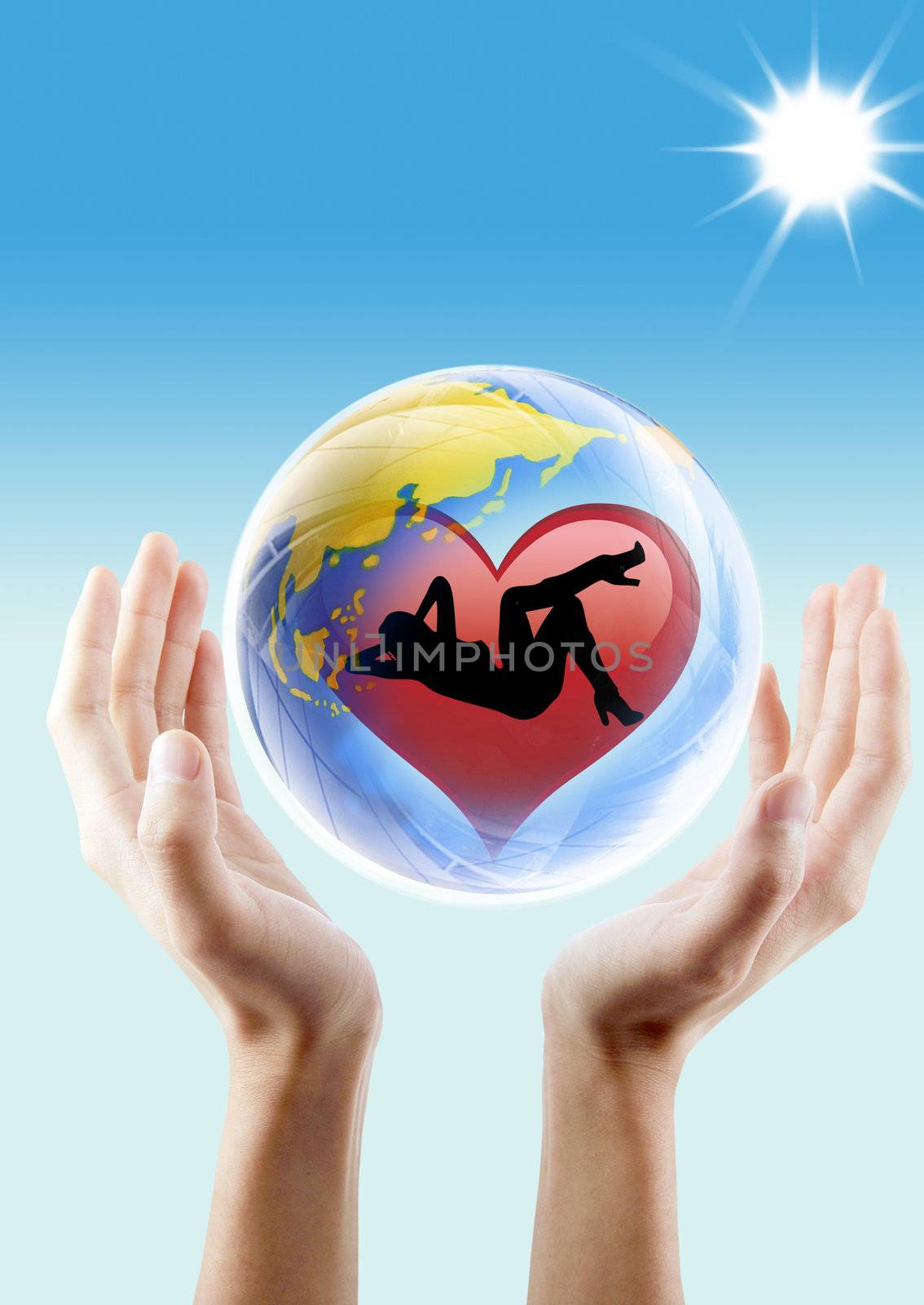 Girl in the heart which is in Globe and heart