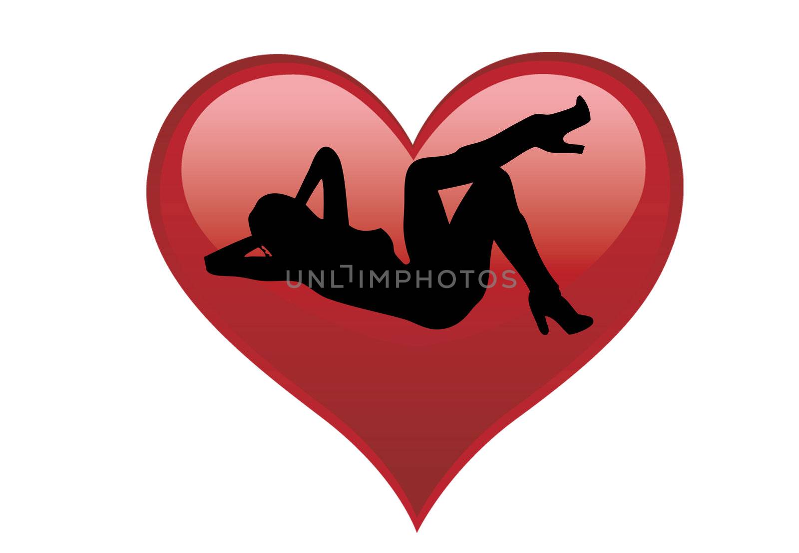 Red heart and a girl in it on the white background