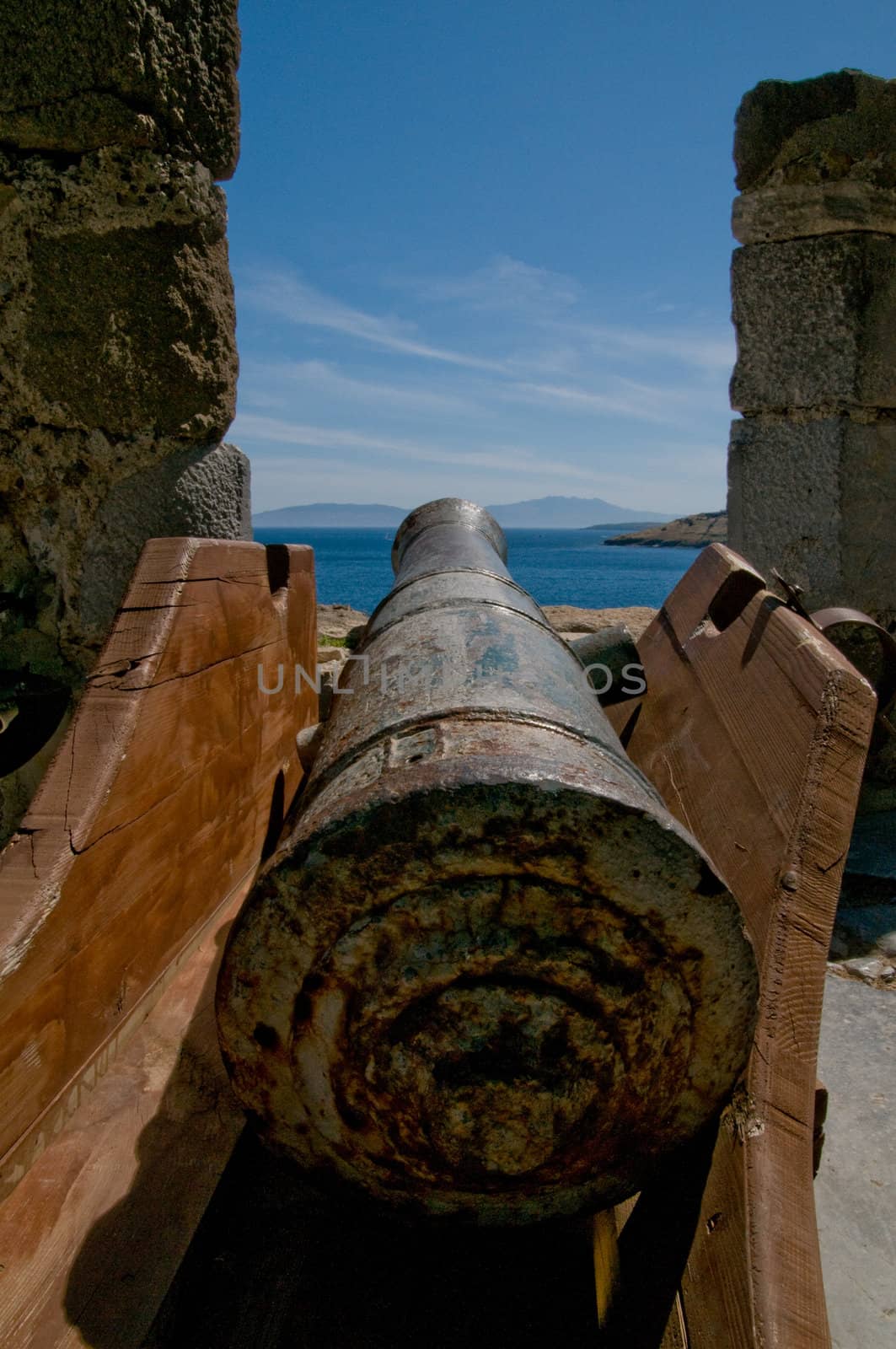 Cannon on the castle in Bodrum, Turkey pointing out into the Aegean Sea