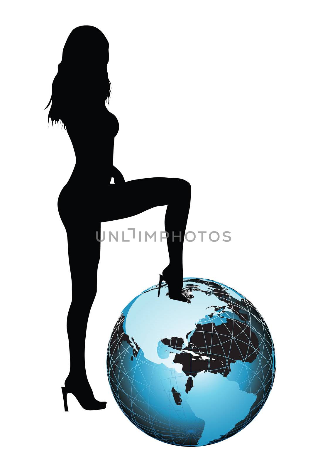 Beautiful girl and a blue globe on the white background