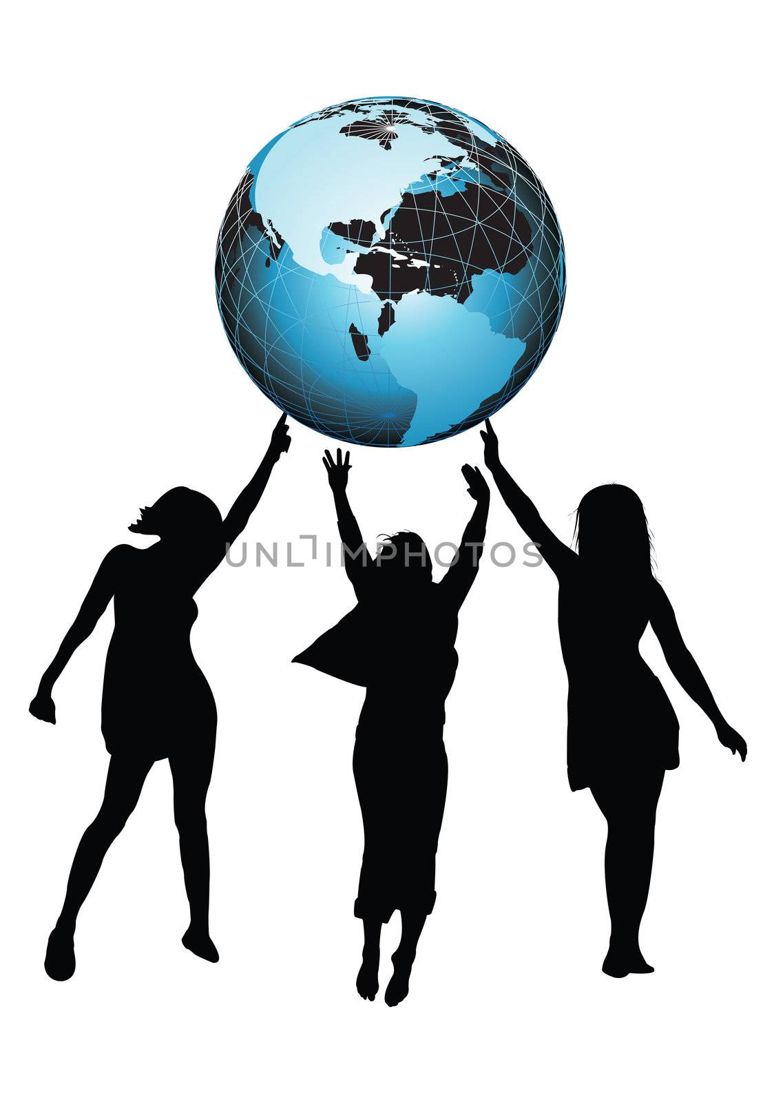 Beautiful girles and a blue globe on the white background