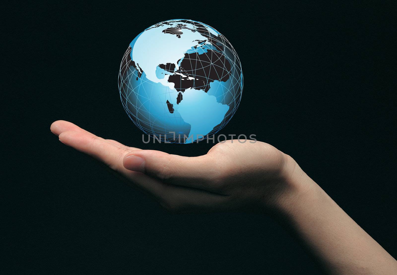 Hand and a blue globe on the black background