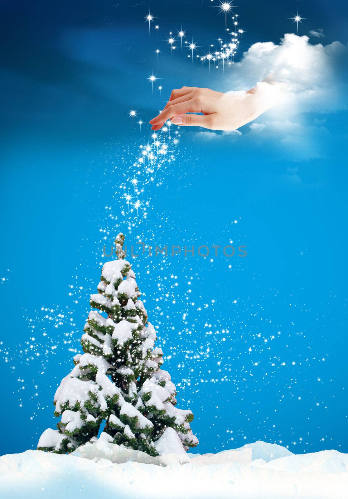 A very realistic Christmas tree under snowing stars