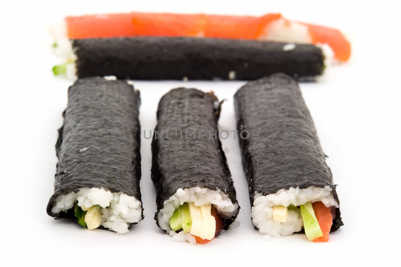 Cooking sushi. Diverse half-finished products on a white background