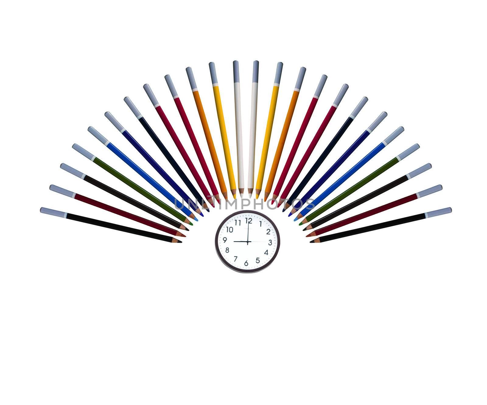 Many colored pencils with a clock 