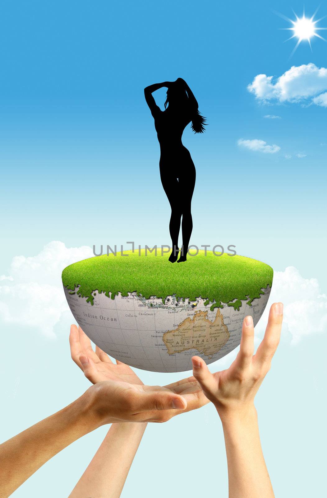 A girl standing on globe which holds three hands