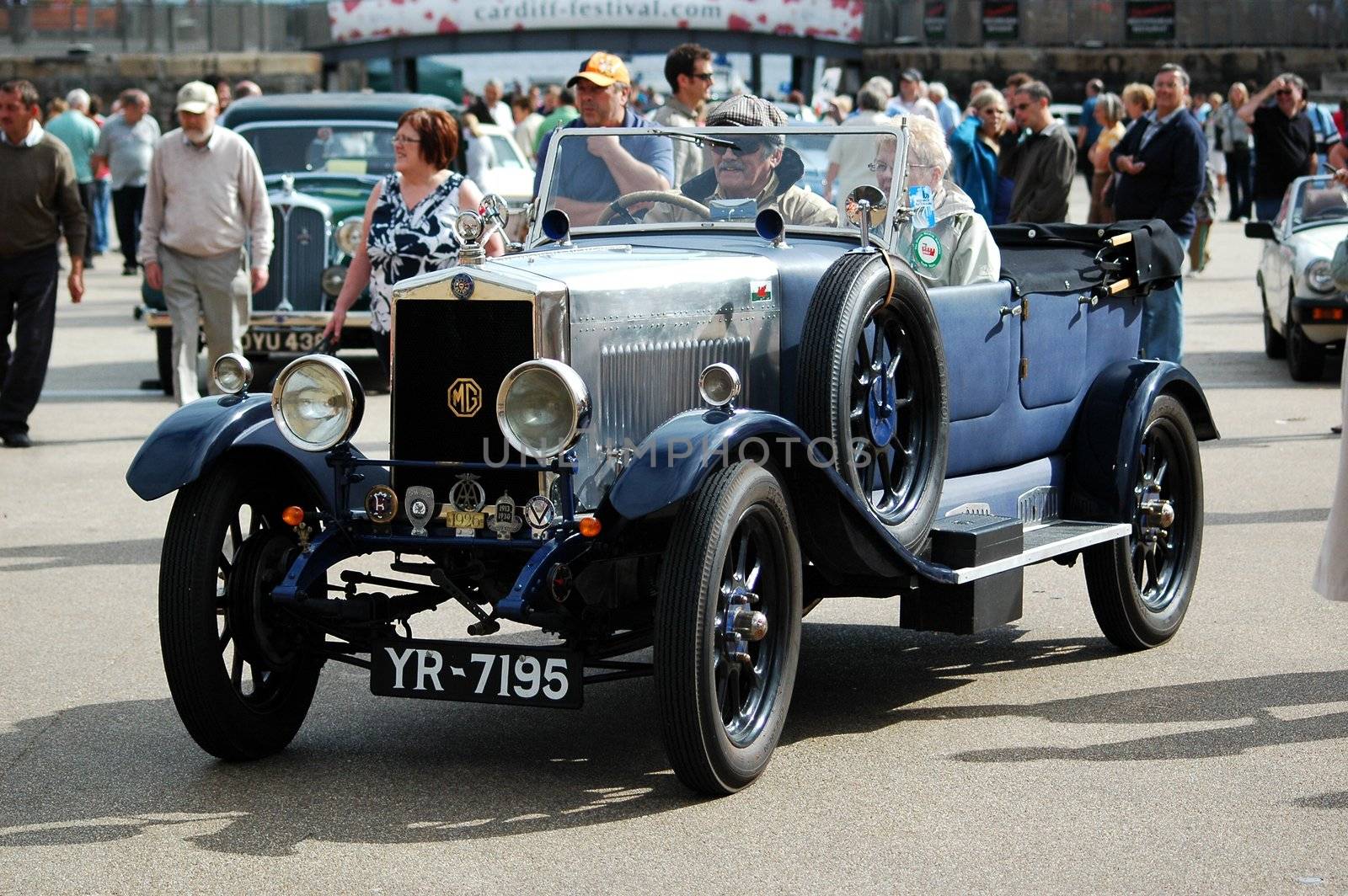 , historic car in Cardiff Bay, horizontally framed shot