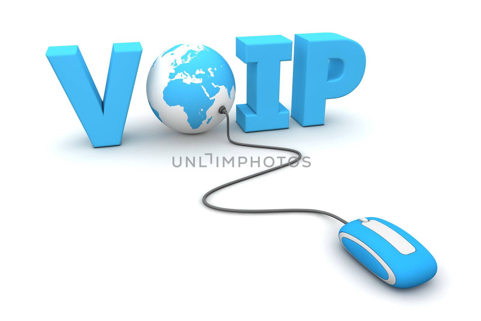 modern blue computer mouse connected to the blue word VoIP - the letter O is replaced by a globe