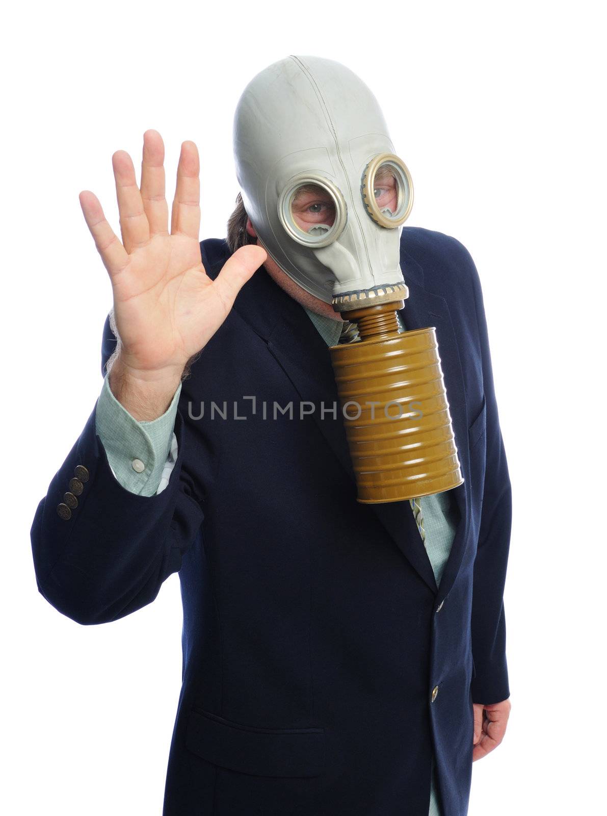 Man wearing a suit and gas mask on a white background