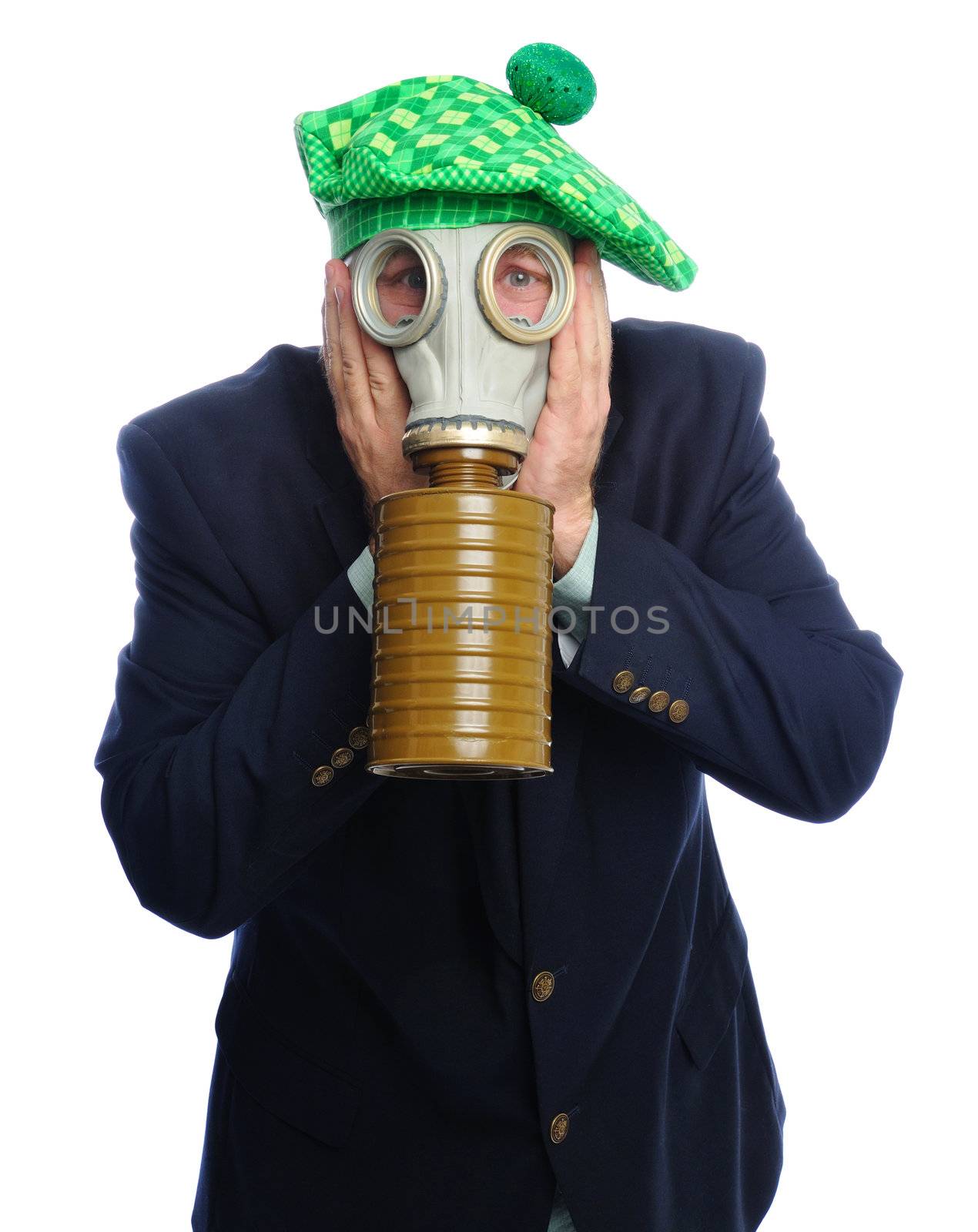 Man wearing a suit and gas mask on a white background